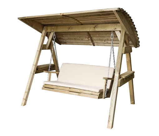 Handcrafted wooden outdoor garden swing with canopy, plush cushion, and supporting chains, ideal for relaxing in your backyard or garden space. Perfect for outdoor furniture and garden decor.
