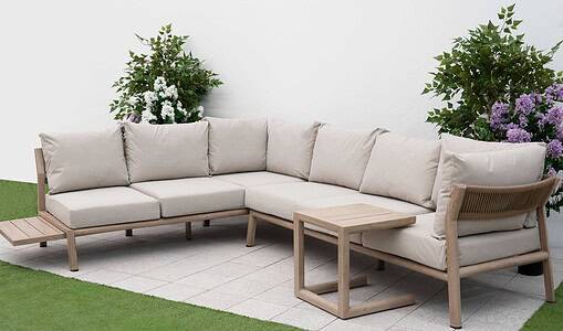 Stylish outdoor sectional sofa with beige cushions, wooden frame, and side table, perfect for garden or patio living areas at Empire Home and Garden.