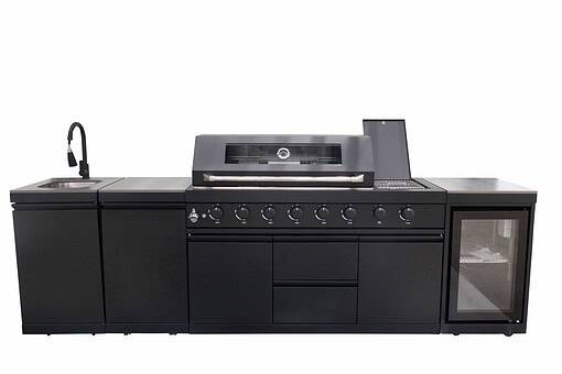Flexible outdoor bbq grill station with sink, storage, and side fridge for outdoor kitchen design, best for backyard entertainment and grilling, modern backyard bbq setup.