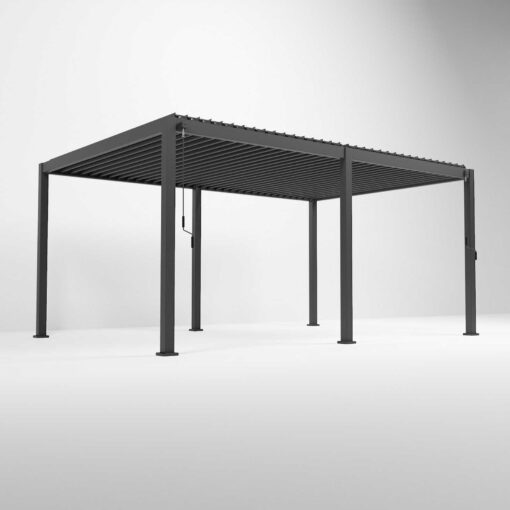 Modern grey metal pergola for outdoor shading and garden patio furnishings at Empire Home and Garden.