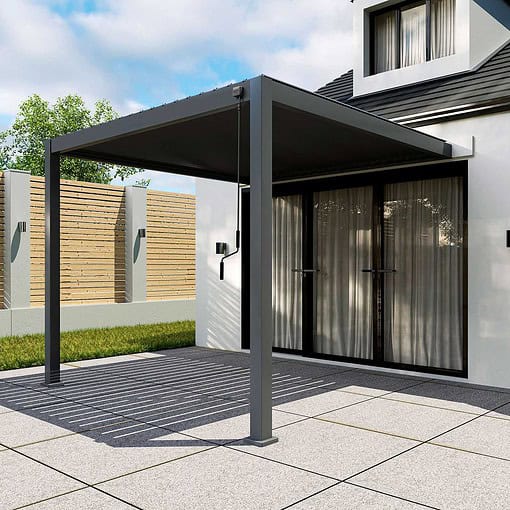 Modern outdoor patio with sleek pergola, glass sliding doors, outdoor lighting, and landscaped yard, perfect for outdoor living and entertaining.