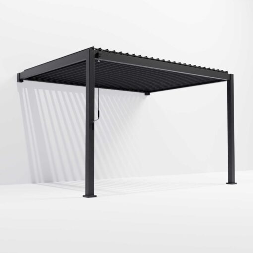 Black metal pergola with adjustable canopy for outdoor patio shade and modern garden design. Perfect for enhancing outdoor living spaces with stylish, durable shade solutions.