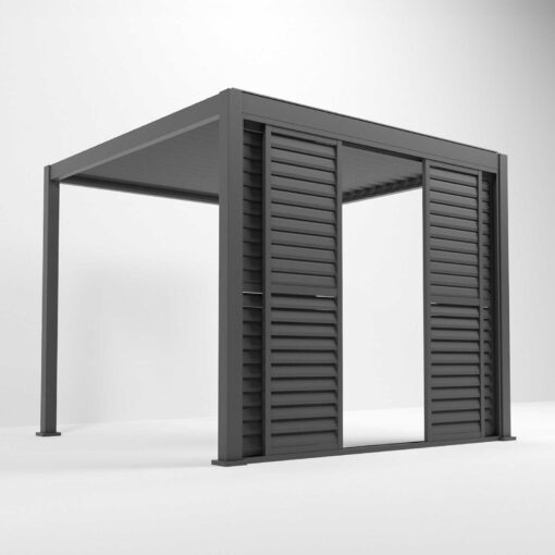 Stylish black modern pergola with slatted privacy panels, ideal for outdoor patios, gardens, or backyard entertainment spaces, providing shade and privacy.