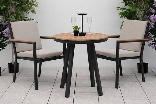 Stylish outdoor patio dining set with a round wooden table and comfortable cushioned chairs, perfect for garden or backyard entertaining. Featuring modern design and durable materials from Empire Home and Garden.