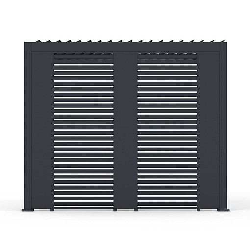 Contemporary black louvered privacy screen for outdoor patio, garden, or backyard, offering style and functionality for modern landscape design.