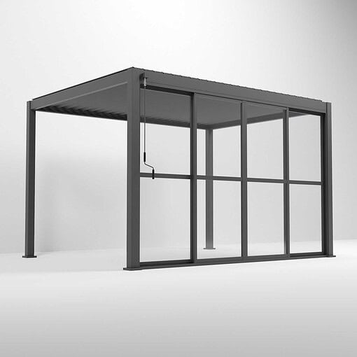 Metal garden shed with sliding glass door and partial roof overhang, ideal for outdoor storage and garden equipment.