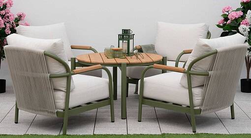 Modern outdoor patio furniture set with white cushions and green metal frame, perfect for garden or backyard relaxation.
