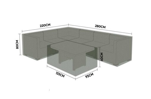 Stylish L-shaped outdoor patio furniture with dimensions for comfortable seating and dining. Perfect for garden or backyard entertainment spaces.