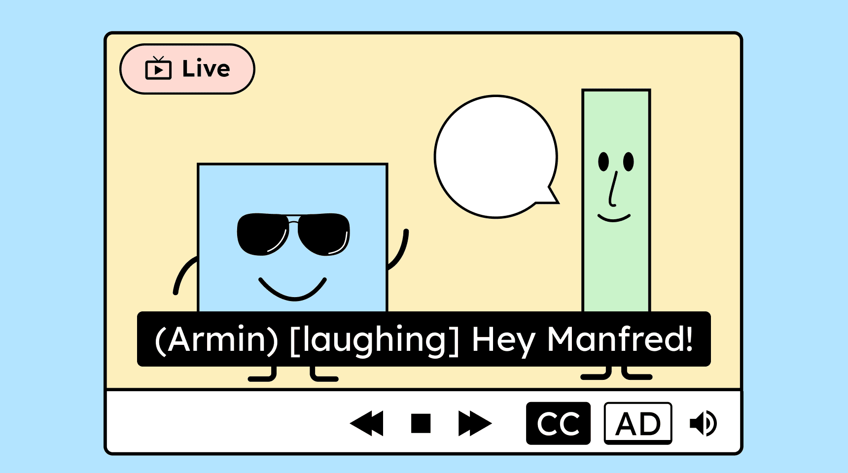 Illustration of a video with subtitles, showing a Live label in the top-left corner.