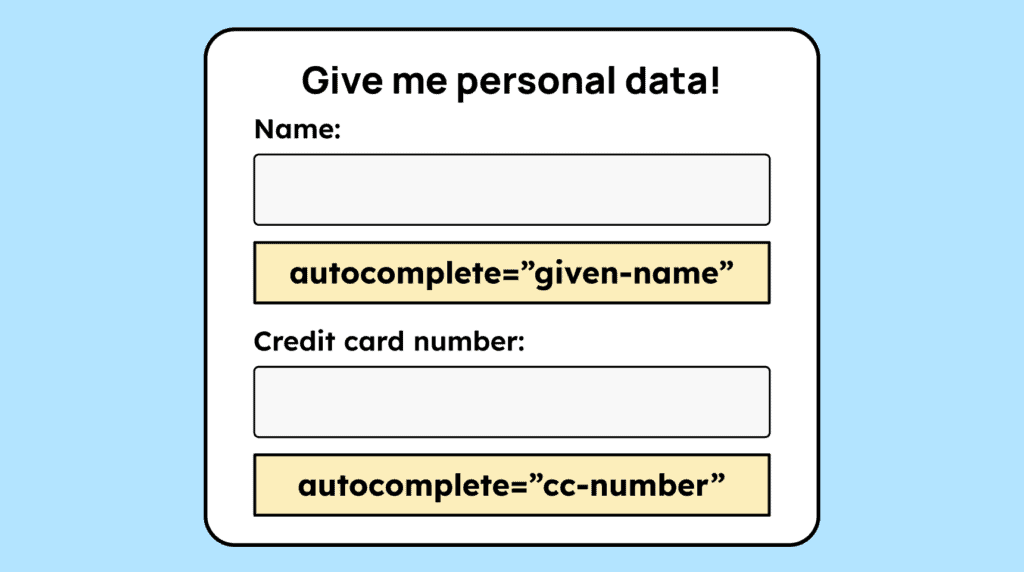 Illustration of a personal data form showing two input fields, one for name and one for credit card number. Below each field is the corresponding autocomplete attribute with the correct value for that field.