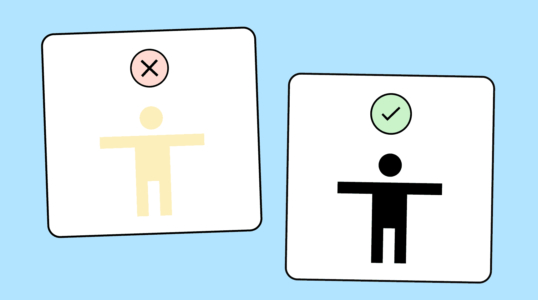 Illustration comparing poor and good contrast of an icon-like figure. On the left, a pale yellow figure on a white background is marked with an X to show insufficient contrast. On the right, a black figure on a white background is marked with a checkmark to show sufficient contrast.