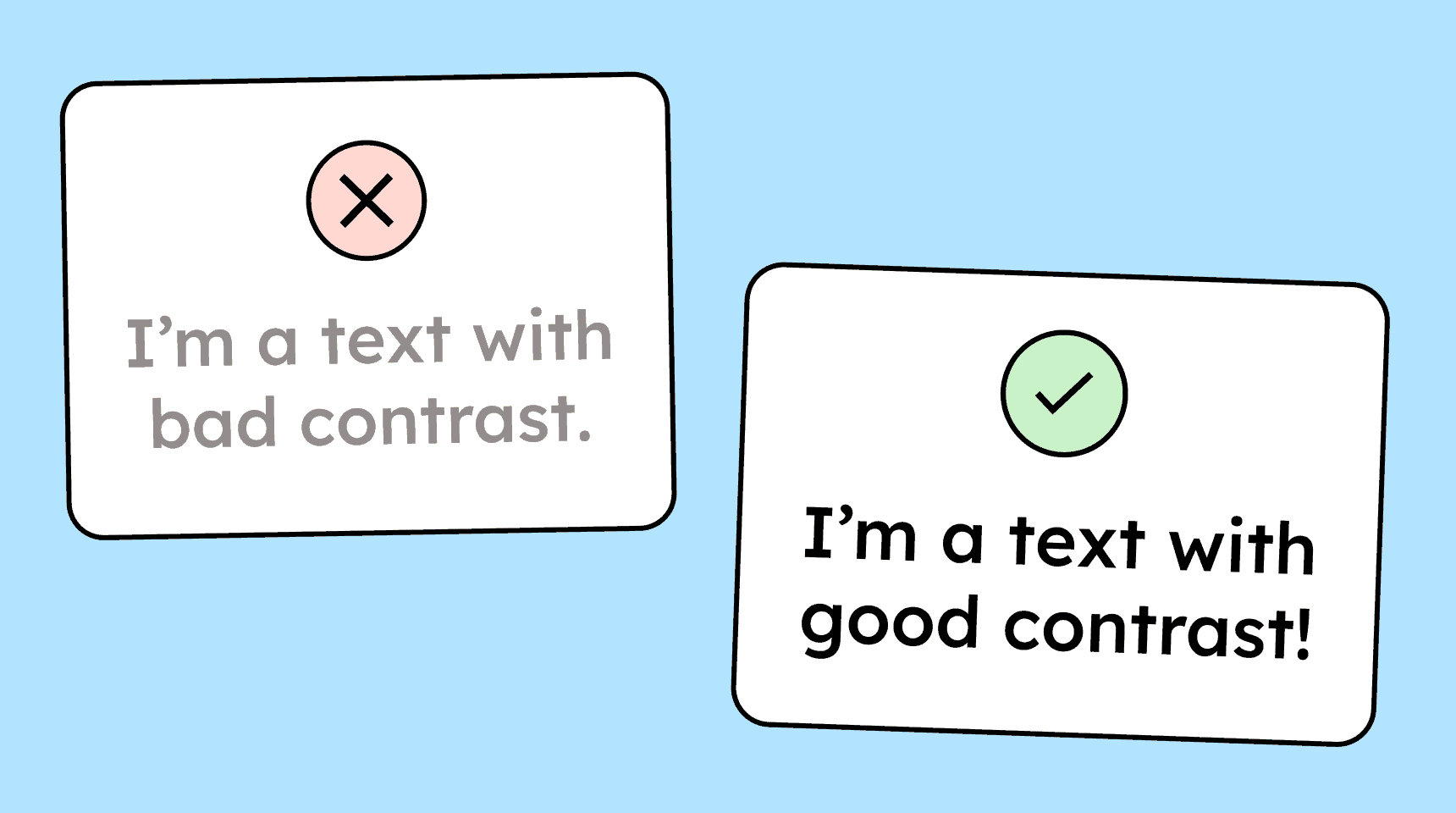 Two text samples are shown: one in very light color with insufficient contrast, and one in black with sufficient contrast.