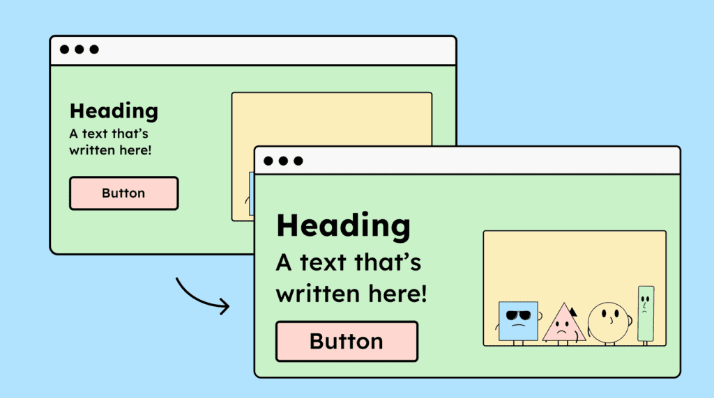 Illustration showing a webpage before and after zooming in to 200 percent. In the zoomed view, the heading, text, button, and graphical elements remain visible and usable, demonstrating that content and functionality must stay accessible when users zoom in.
