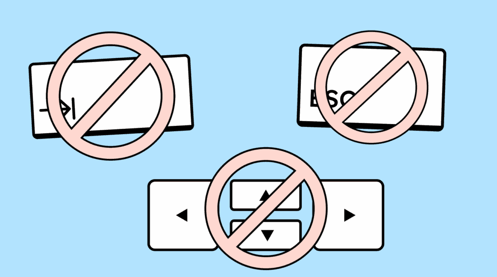 Illustration showing the Tab key, arrow keys, and the Enter key, all crossed out to indicate they cannot be used to exit the focused element.
