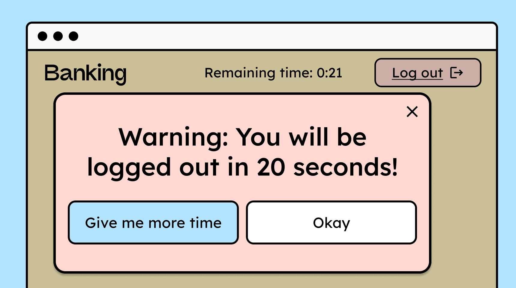 Illustration of an online banking page showing a countdown labeled “Remaining time: 0:21.” A large warning dialog appears stating, “Warning: You will be logged out in 20 seconds!” with two buttons: “Give me more time” and “Okay.”