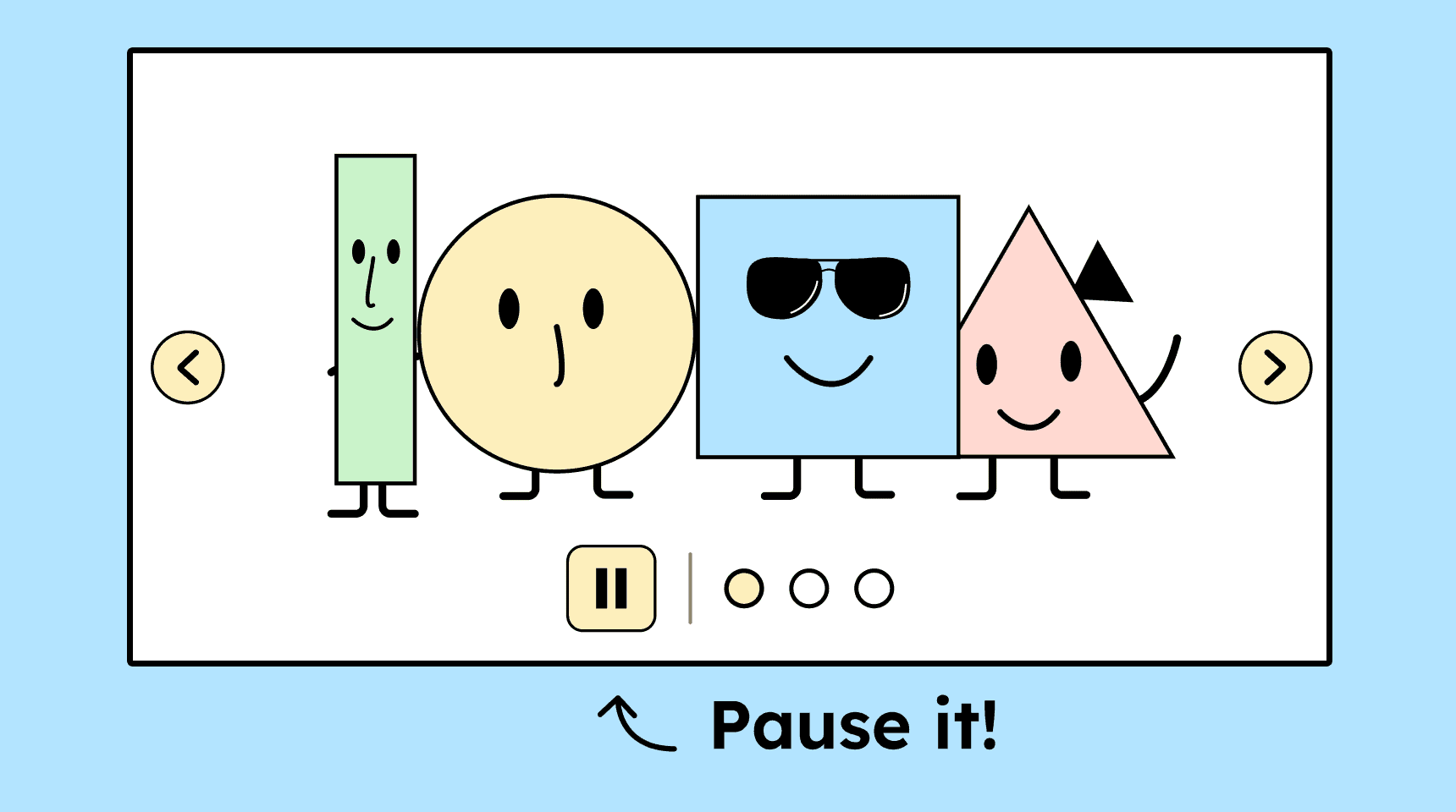 Illustration of a slider on a webpage that includes a pause button to stop the automatic sliding.