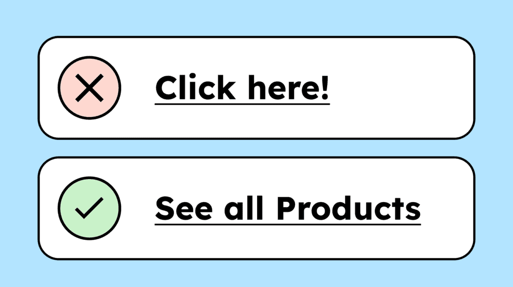 Illustration of two buttons. One is labeled 'Click here' and is marked as unclear and incorrect. The other is labeled 'See all Products' and represents a clear, meaningful button label.