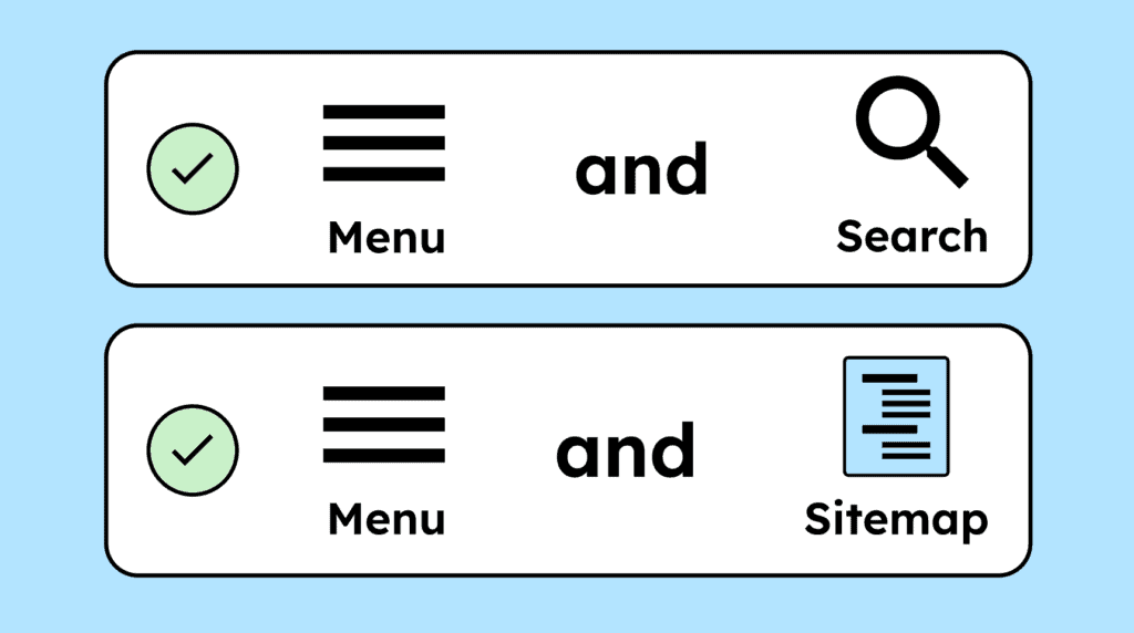Illustration of a menu icon paired with a magnifying glass icon, and below it another menu icon paired with a sitemap icon.