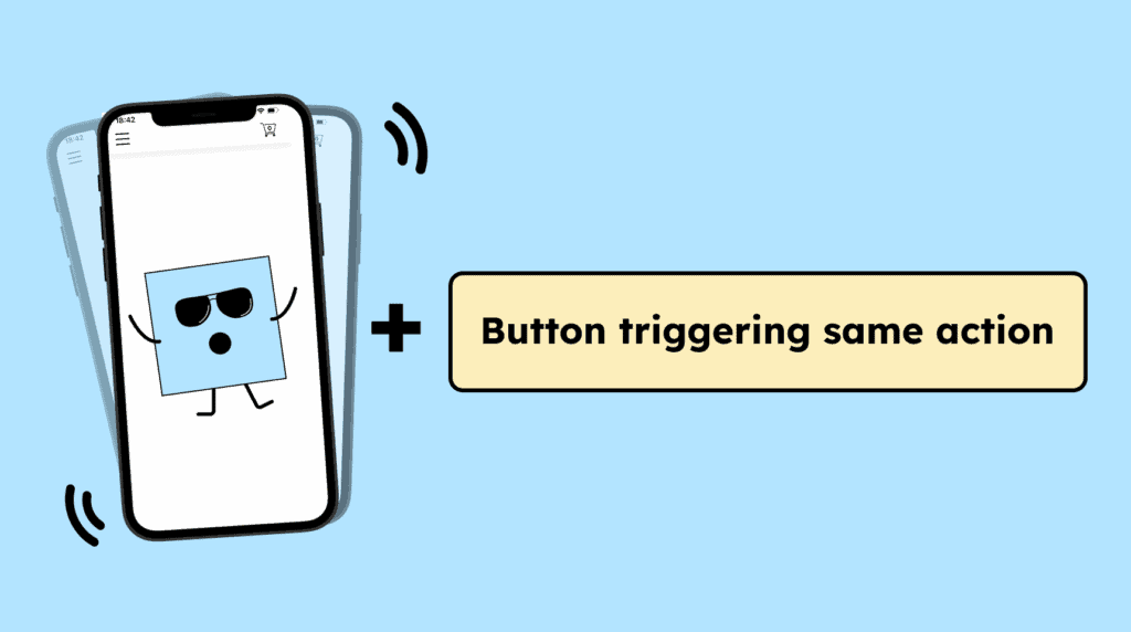 Illustration of a smartphone being shaken to trigger an action. Next to it is a plus icon and a button that provides the same action without requiring the shake gesture.