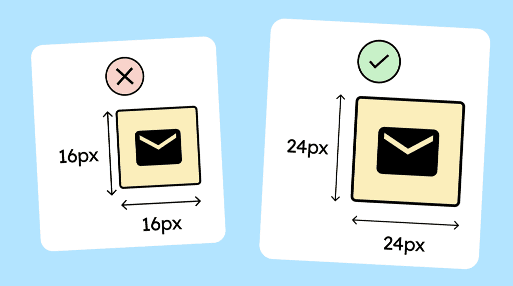 Two icon buttons are shown. The first is 16 by 16 pixels and too small to use comfortably. The second is 24 by 24 pixels and large enough to be accessible.
