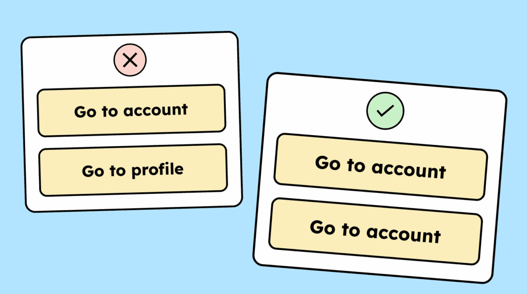 Illustration showing two buttons with the same function. On the right, both buttons use the same label Go to account. On the left, the buttons lead to the same place but use different labels (go to account and go to profile), highlighting inconsistent naming.