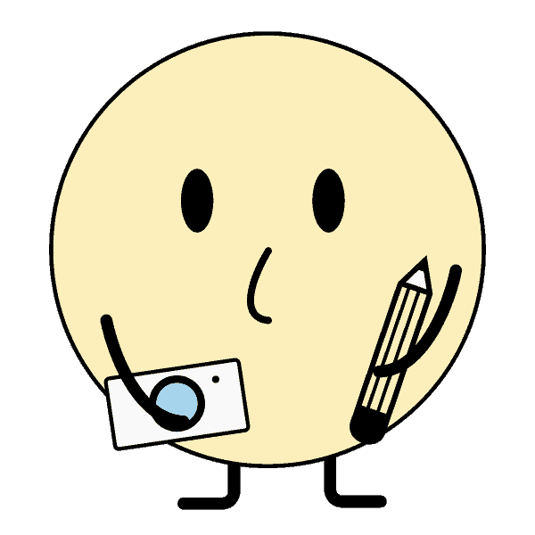 An illustration of a yellow circle with eyes, a nose and no mouth. It is holding a camera and a pen in its hands. It symbolises content creators.