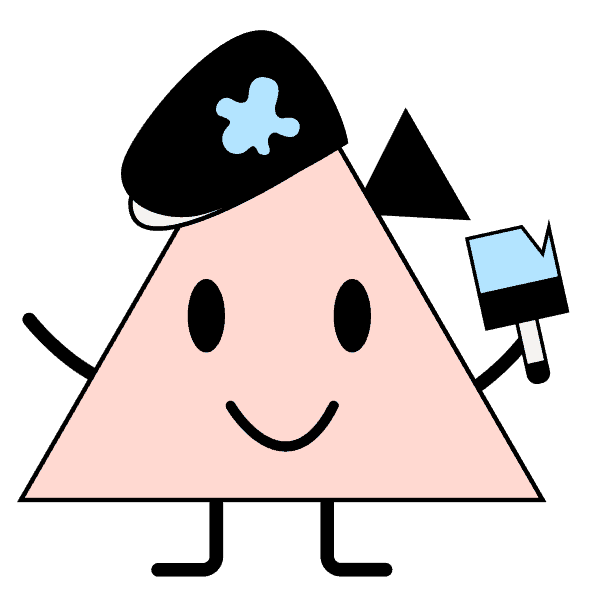 A red triangle with eyes, a mouth and a hearing aid. It wears a crooked cap with blue paint on it and holds a paintbrush in its hand. It symbolises designers.