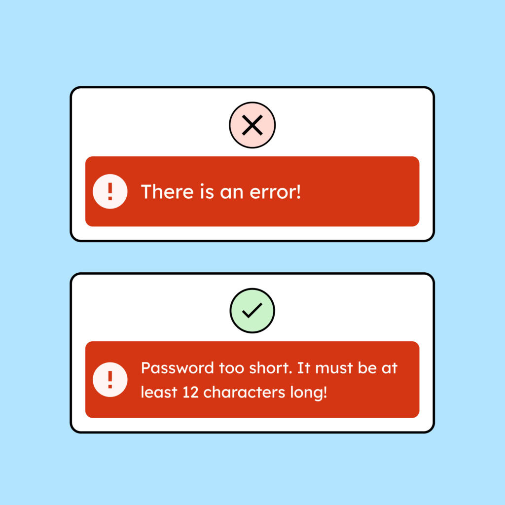 Two error messages are shown. The first one only says: There is an error. The second one is more detailed: The password is incorrect. It must contain at least 12 characters!