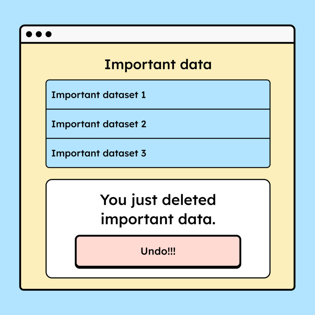 Illustration of a website displaying important data. Below it, a modal appears informing the user that they have just deleted important data, along with a button to undo the action.