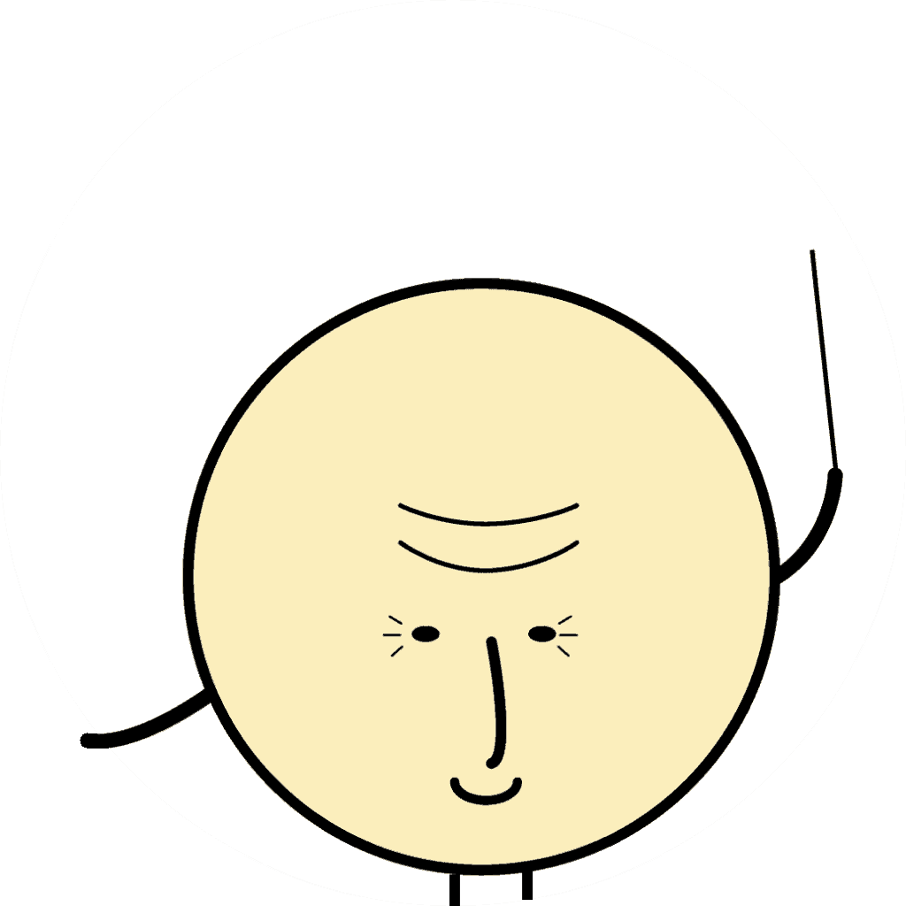 Our yellow, round mascot Sam is depicted here as an elderly person. She raises a walking stick and smiles.