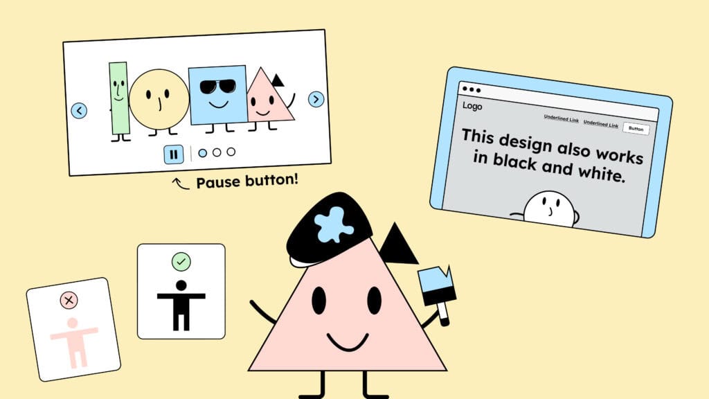 Our mascot, Tine, dressed as a designer surrounded by some WCAG criteria.