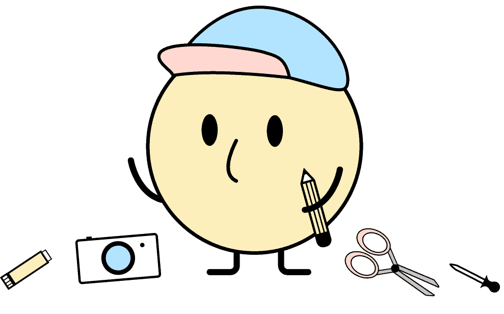 A yellow circular character wearing a blue and pink cap holds a pencil and is surrounded by creative tools like a camera, scissors, and a crayon