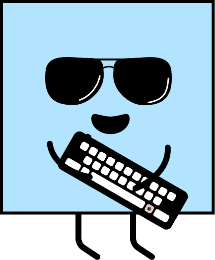 A smiling blue square wearing sunglasses holds a keyboard, symbolizing accessible and confident web development.