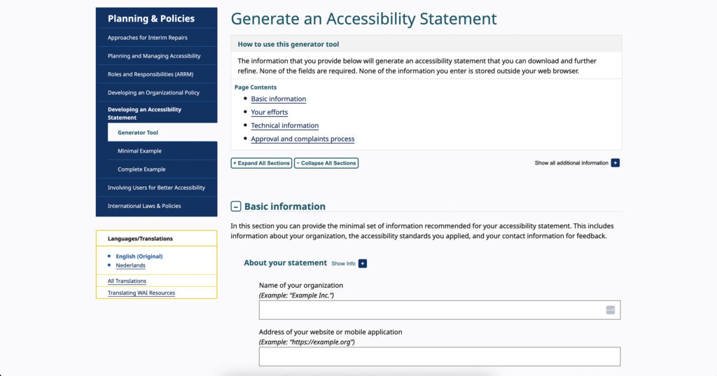 Screenshot from the homepage of the free accessibility statement generator from W3C