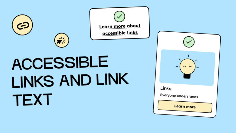 Accessible links and link text. Next to the text is a detailed link description with a green checkmark above it. Below that is a card consisting of an image, a heading, text, and a button with the brief link text "More". There is also a green checkmark above the card. Both are examples of accessible links.