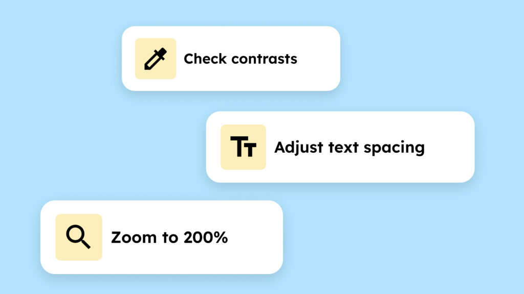 Listed tools: Check contrasts, adjust text spacing, and zoom to 200%.