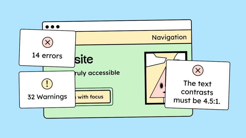 Fourteen errors and fifteen warnings were documented. One error might state: Text contrasts must be 4.5:1.