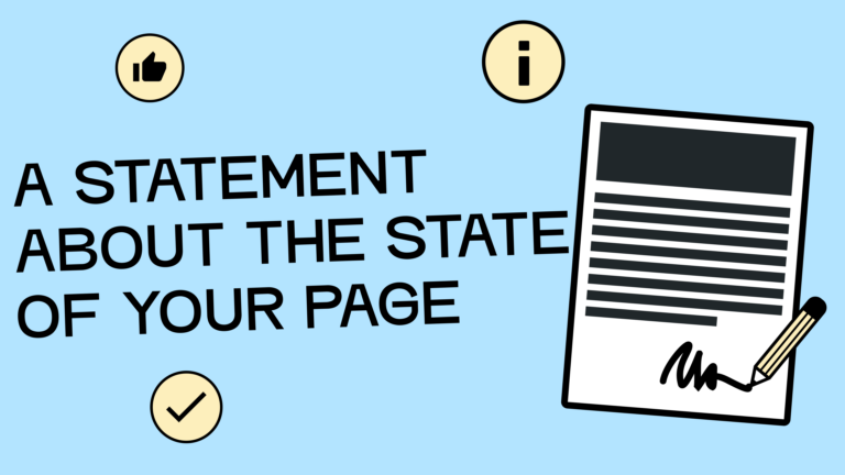 Text on image: a statement about the state of your page. Next to it, an illustration of a contract being signed.