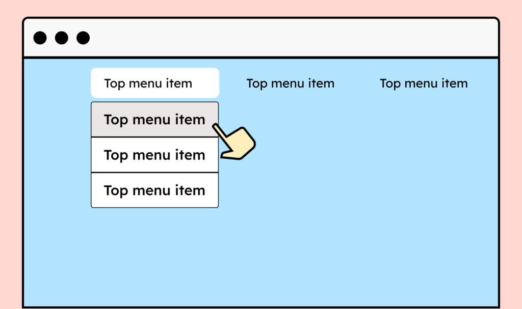 Illustration of a navigation menu. A menu item has a submenu which is expanded. A mouse pointer hovers over the topmost menu item.