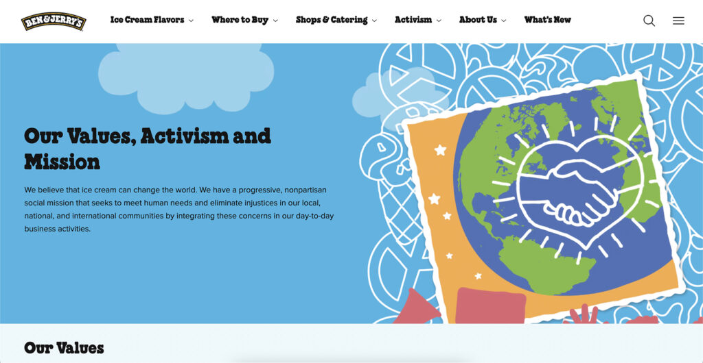 A screenshot of the website of Ben and Jerry's, a company committed to social inclusion. On their site, they write about their social mission and their values.