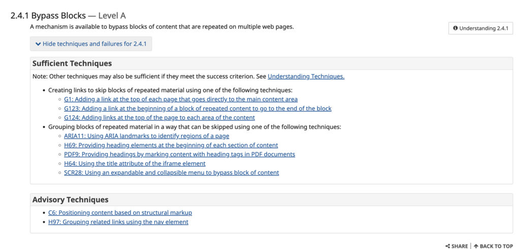Screenshot of the WCAG criterion. The criterion is listed, along with the techniques for fulfilling it.