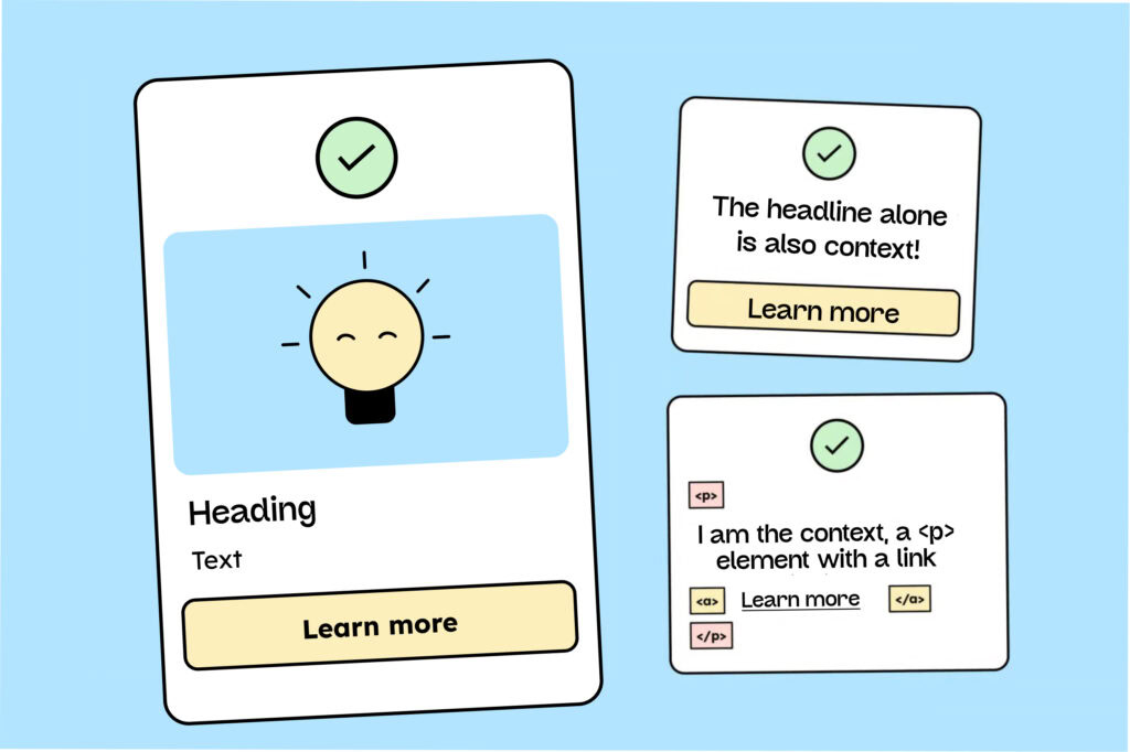 Here are three examples of how a link can be used in context even without a meaningful title: a link as part of a list, a link placed under a heading, and a link as part of a paragraph that provides the necessary context.