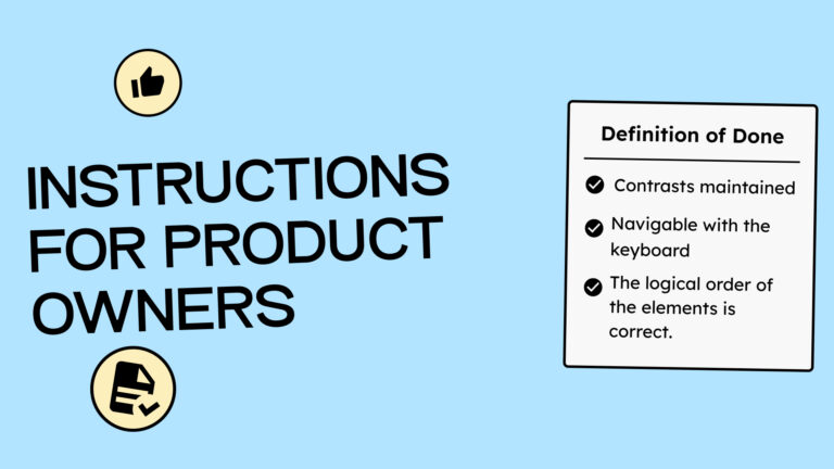 Instruction graphic for product owners with two icons and a checklist: contrast, keyboard navigation, logical order.