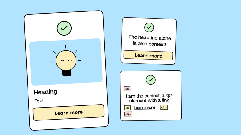 Here are three examples of how a link can be used in context even without a meaningful title: a link as part of a list, a link placed under a heading, and a link as part of a paragraph that provides the necessary context.
