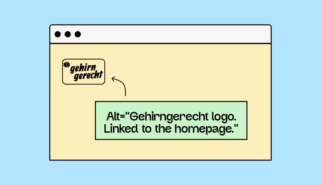 The image shows a website with the Brain-Friendly logo in the upper left corner. A text box with an arrow points to this logo. The text reads: Alt="Brain-Friendly logo. Linked to the homepage".