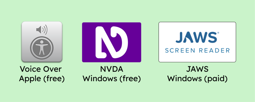 The logo of the screen readers VoiceOver for Mac, NVDA for Windows and JAWS for Windows