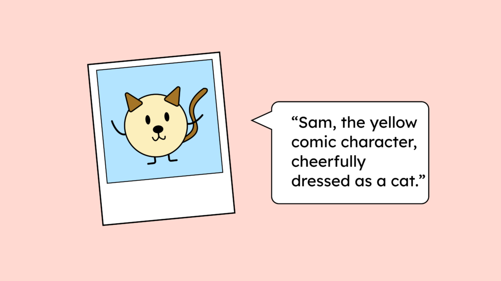 A Polaroid of a comic character dressed as a cat with the accompanying alt text.