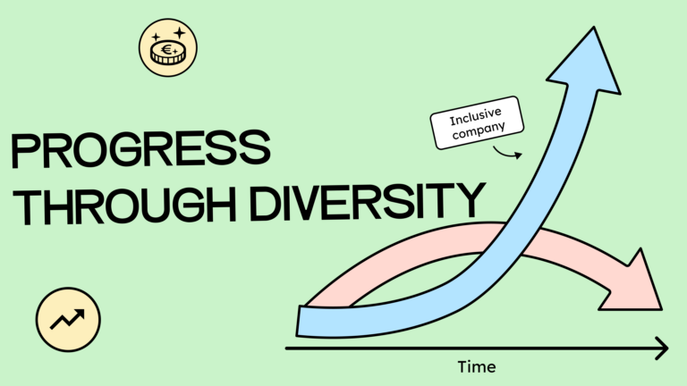 Text on image: Progress through diversity. An illustration of an upward-pointing arrow and a downward-pointing arrow. The upward-pointing arrow represents an inclusive company.