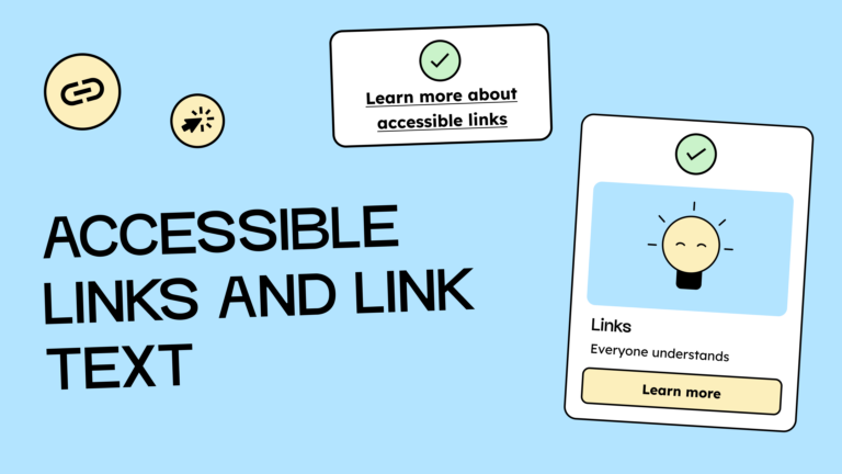 Accessible links and link text. Next to the text is a detailed link description with a green checkmark above it. Below that is a card consisting of an image, a heading, text, and a button with the brief link text "More". There is also a green checkmark above the card. Both are examples of accessible links.