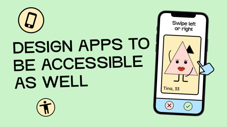 An image of an iPhone. The screen displays “Swipe left” or “Swipe right.” Then an image of one of our mascot characters depicted as an attractive woman. A reference to a dating app.